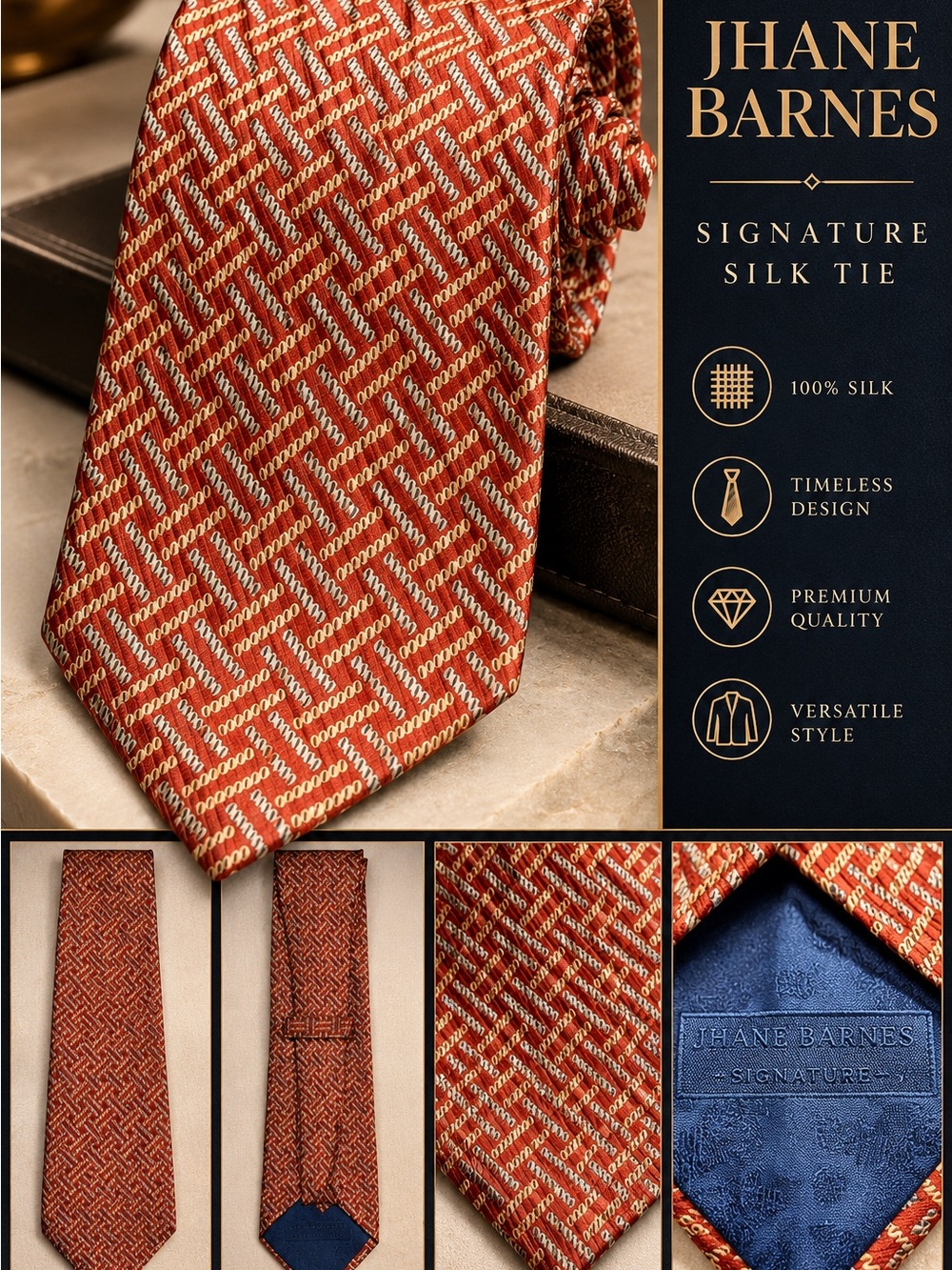 Jhane Barnes Signature Silk Tie Men’s Designer Necktie Bronze Geometric Pattern
